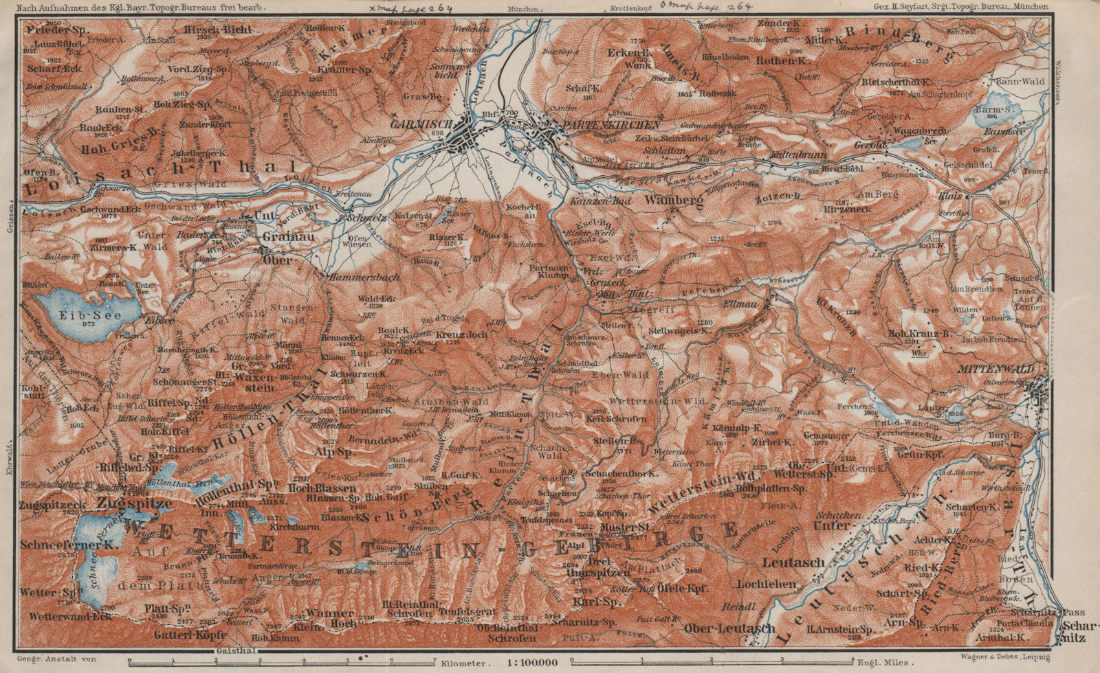GARMISCH-PARTENKIRCHEN environs. Mittenwald. Deutschland/Österreich 1907 map